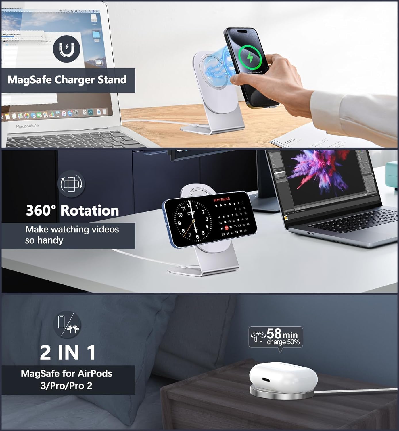 Magnetic Wireless Charger Mag-Safe Charger for iPhone 17/16/15/14/13/12 Series Convertible Magnet Wireless Charging Stand/Pad with 5ft Cable for iPhone and AirPods 2/3/Pro 2/Pro