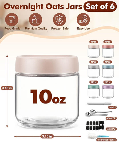 6 pack 10 oz Overnight Oats Containers with Lids and Spoons Glass Jars with Airtight Lids: Wide Mouth Mason Salad Jars, Leakproof and Reusable Glass Food Storage Container for Yogurt Snacks Spice