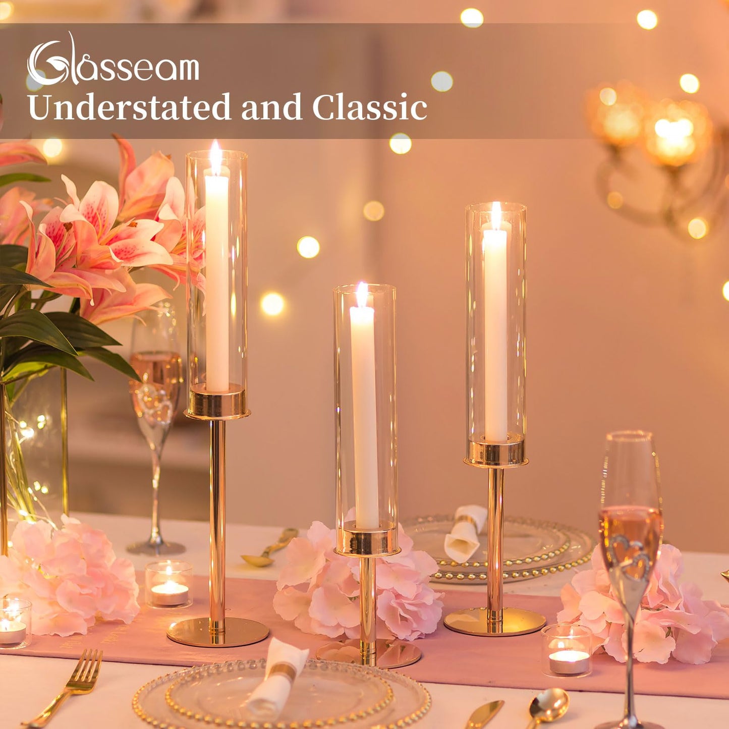 Glasseam Hurricane Gold Candle Holders: Set of 3 Brass Candlestick Holders for Taper Candles Modern Taper Candle Holder with Glass Clear Cylinder Glass Shade for Table Centerpiece Christmas Decor
