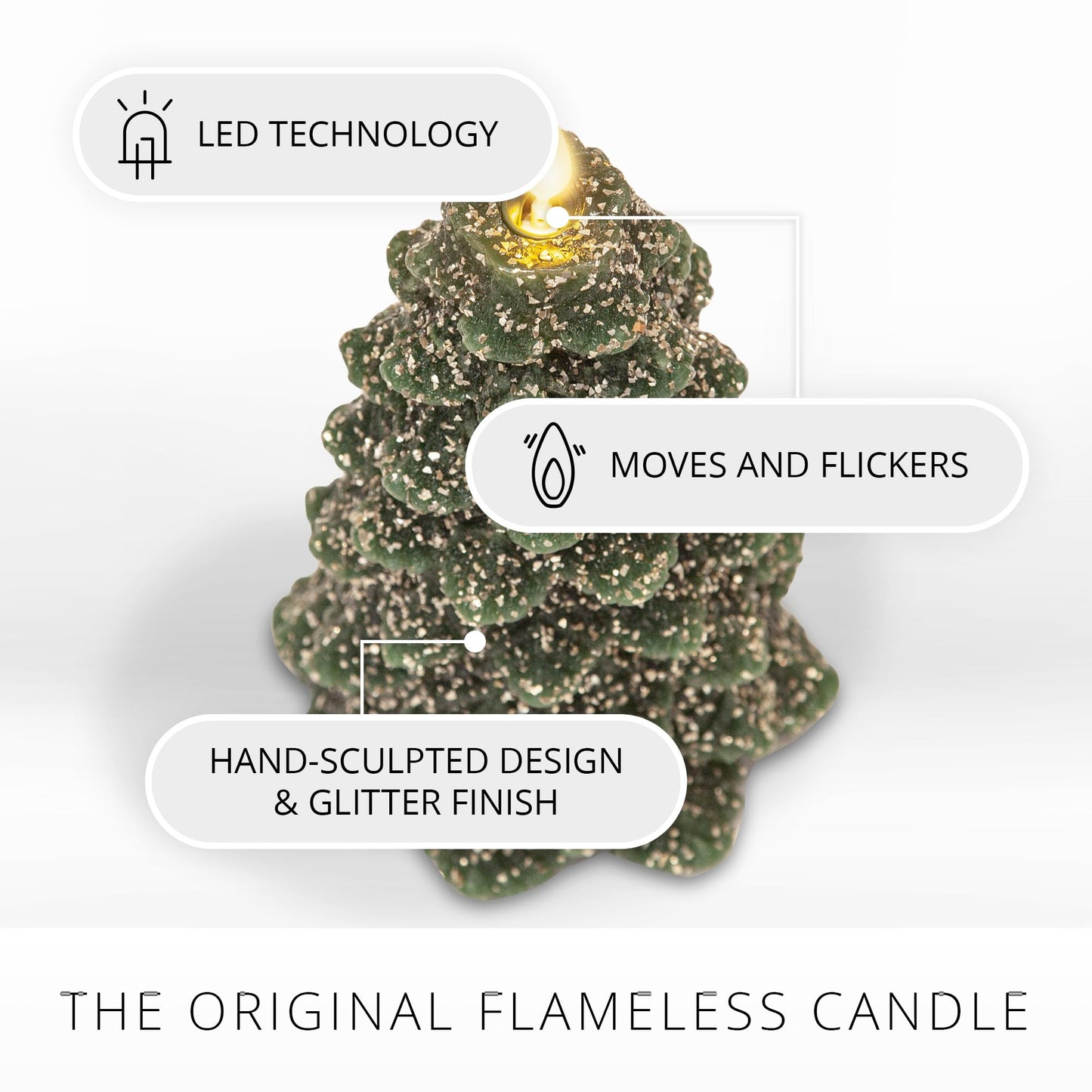 Luminara Christmas Tree Flameless LED Candle, Dark Green 5.35" x 8.5", Moving Flame Battery Operated Timer, Holiday Decor, Glitter Snow Finish Safe