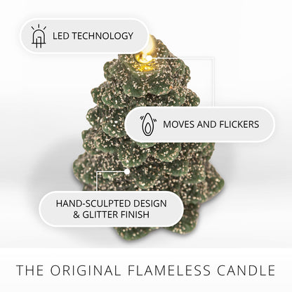 Luminara Christmas Tree Flameless LED Candle, Dark Green 5.35" x 8.5", Moving Flame Battery Operated Timer, Holiday Decor, Glitter Snow Finish Safe