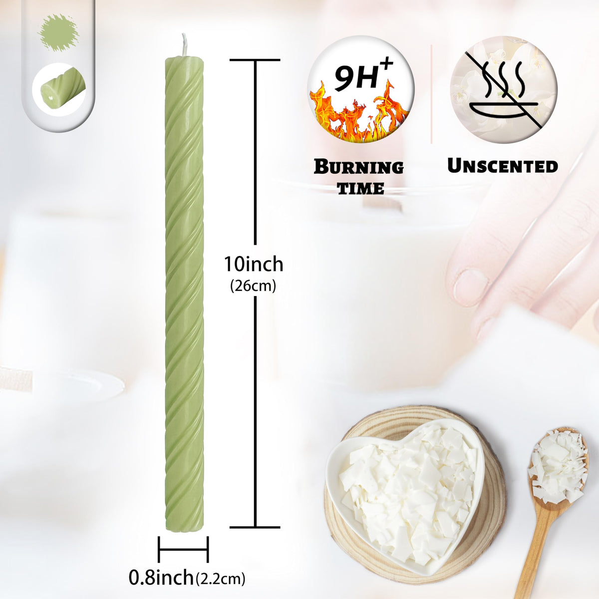 Dripless Taper Candles Unscented Grass Green Spiral Candles Smokeless Long Dinner Candles 10 Inch Long Lasting Burn Candlesticks for Home Decoration Christmas Gifts (2Pcs)