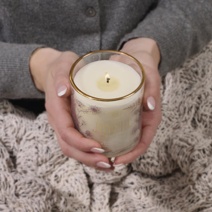 Christian Art Gifts Be Joyful Scented Candle: Soy Wax, Pure Essential Oils, Rain Drenched Lotus Scent, Bible Verse, Floral Design Glass Jar, Encouragement Gift for Women, 40 Hours Burn Time