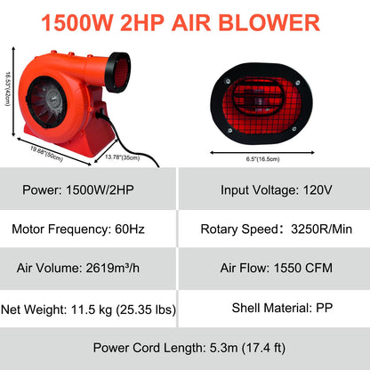 GONFLABLE 1500W 2HP High Power Bounce House Blower, Portable Fan Pump Air Blower Commercial for Large Inflatables, Bubble House, Water Slides, Castle, Jump Slides, Holiday Decorations