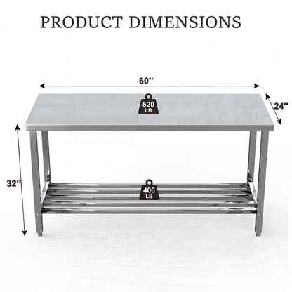 Garvee 60" x 24" Stainless Steel Folding Prep Table, Heavy Duty Commercial Work Table with Adjustable Undershelf for Restaurant, Kitchen, Food Service, Space-Saving, No Installation Required