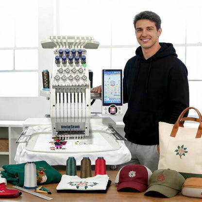 Compact Embroidery Machine with 9 Needles, 1200SPM Max Speed, 10“ Touch Screen, 8"x12" Embroidery Area, For Flat, Hat, T-shirt etc.