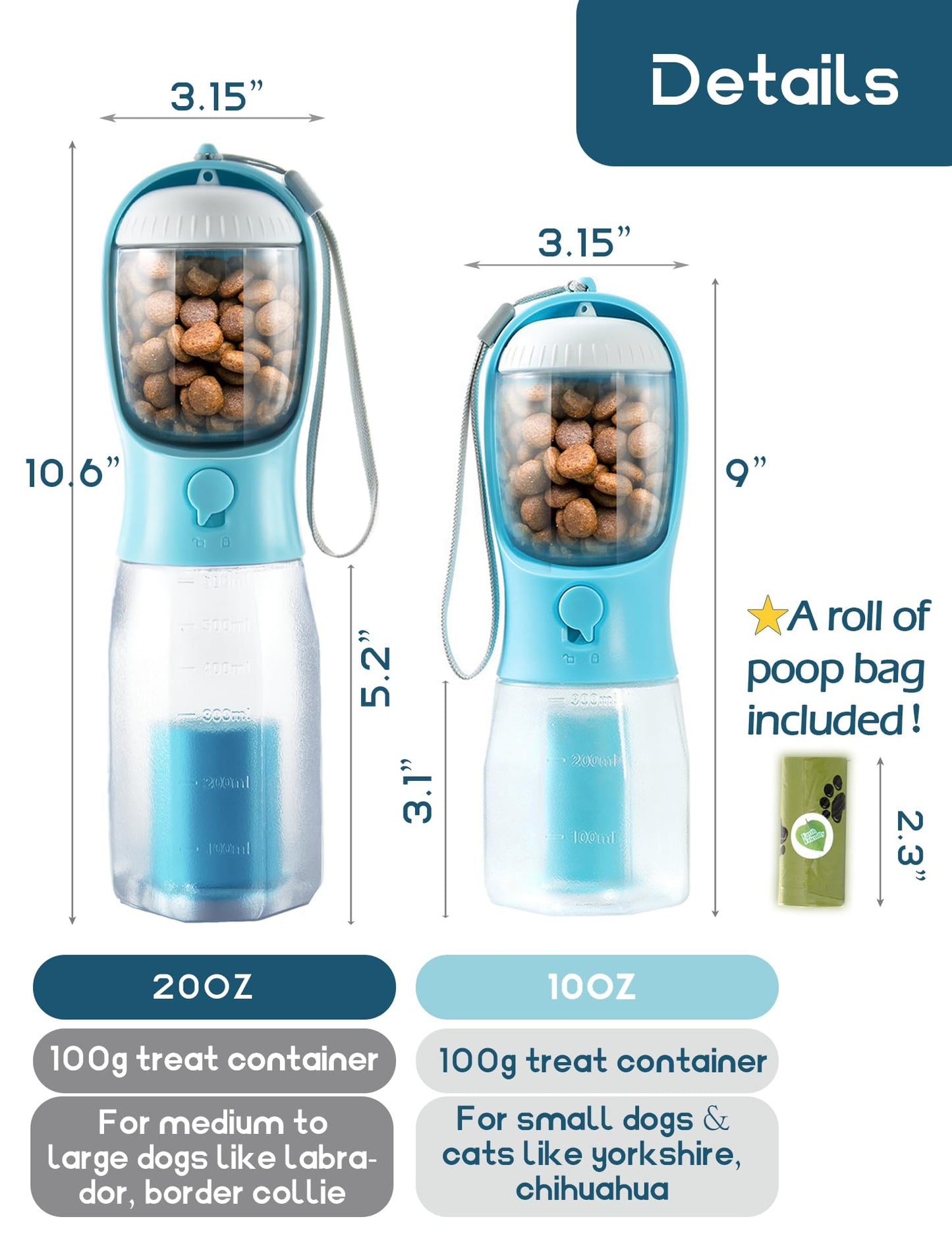 MoonyMars Portable Water Bottle for Dogs, 3 in 1 Pet Travel Bowl Dispenser with Food Treat Container & Poop Bag Holder, Summer Outdoor Walking Hiking Accessories for Large Dog On The Go - Blue, 20oz