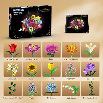 Flower Bouquet Building Set Easter 18 Flowers Rose Building Block Botanical Collection Building Block Toy Plant Home Decor 1015 PCS Gift for Her Adults Women Kids Boys Girls 12+