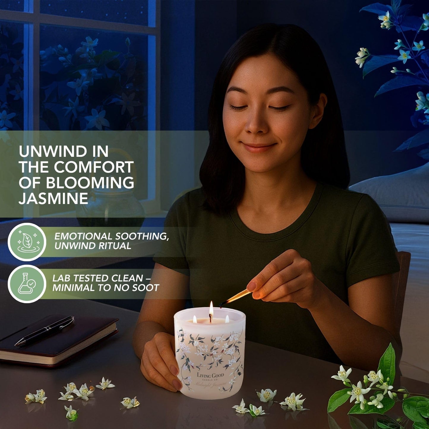 Midnight Jasmine Beeswax Candle - Nostalgic Soft Jasmine with Pink Pepper & Vanilla - Subtle & Refreshing - 90+ Hours of Clean & Non-Toxic Burn - Hand-Drawn Jar - Perfect Unique Gift - 15 OZ