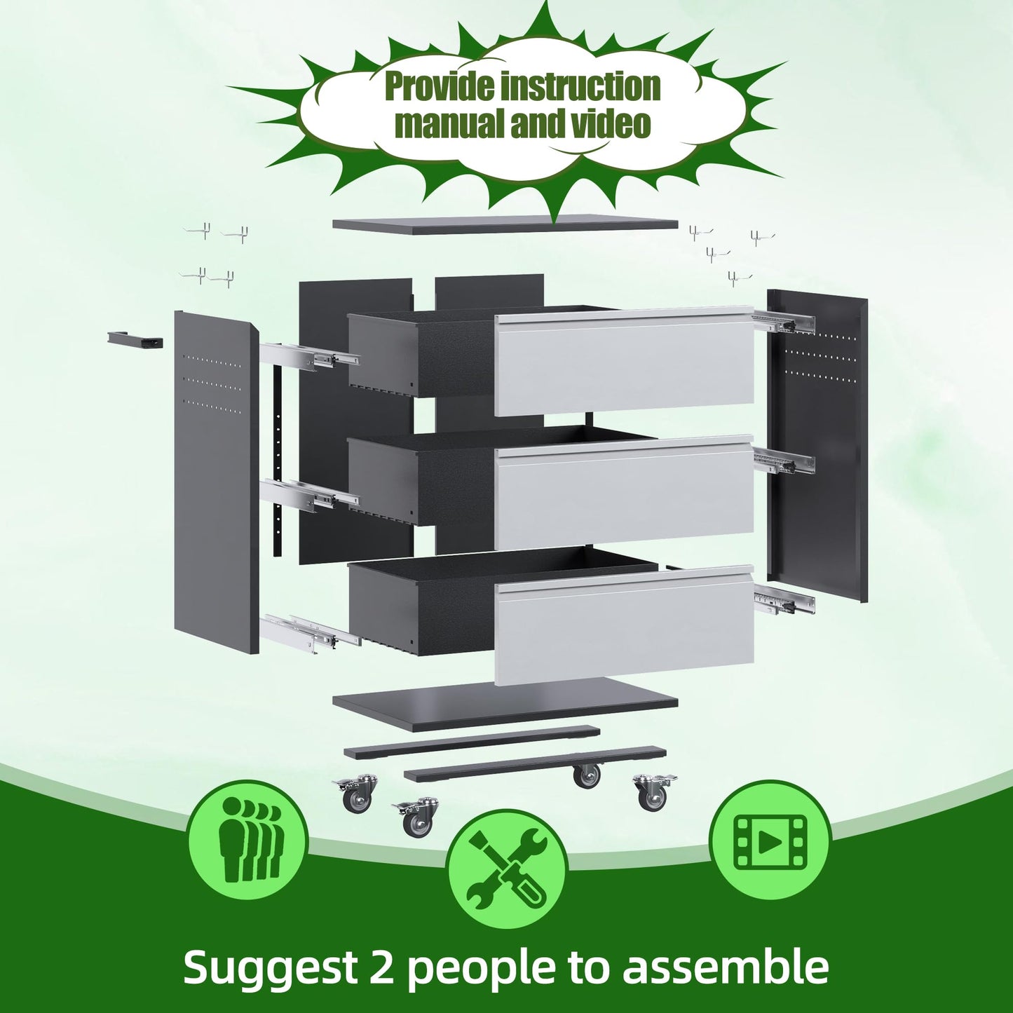Aobabo Metal Rolling Tool Storage Cabinet with Drawers, Side Pegboards, Left Handle, Lockable Casters, Garage Workshop Utility Cart, 18.11 D x 30.3 W x 35.4 H Inches,Assembly Required