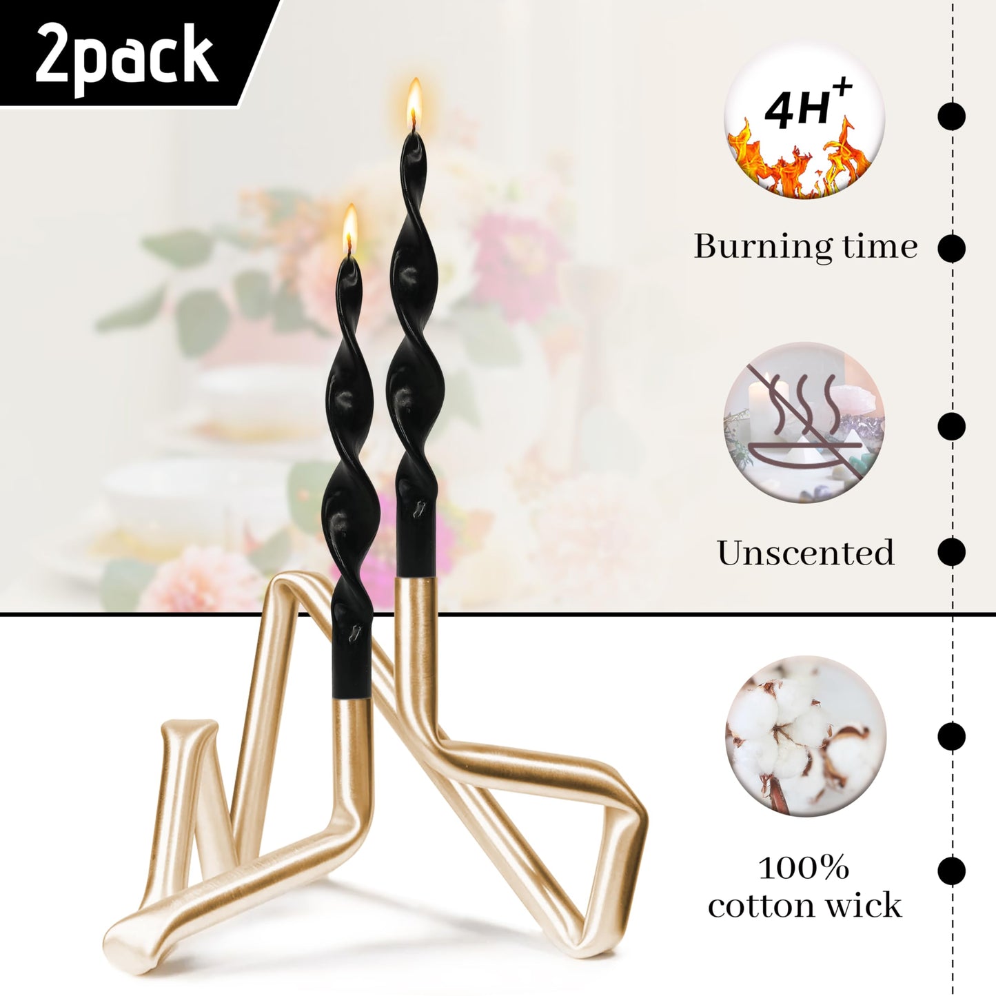 Smokeless Black Spiral Taper Candle Handmade Unscented Taper Candlesticks 10 Inch Long Twisted Candles for Candlelight Dinner Holidays Wedding Home Decor