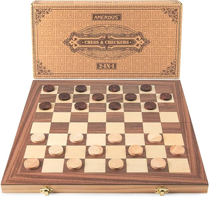 AMEROUS 15'' Wooden Chess &amp Checkers Set 2 in 1 Board Games -2 Extra Queens -24 Cherkers Pieces - Gift Box Packed - Chessmen Storage Slots Beginner Chess Set for Kids and Adults