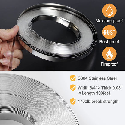 Steel Banding Strapping Kit - Stainless Banding Tool Ratchet Tensioner, 3/4"*100Ft S304 Stainless Banding Coil, 100pcs Ear-Lock Buckles, Metal Banding Tools for Strapping High Tensile Package