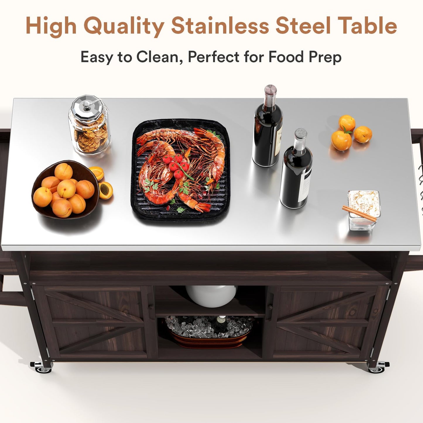 Zevemomo Outdoor Grill Cart with Storage Space, Stainless Steel Tabletop Outdoor Kitchen Island, Fir Wood Outdoor Buffet Cabinet with Lockable Casters for Grilling, Brown
