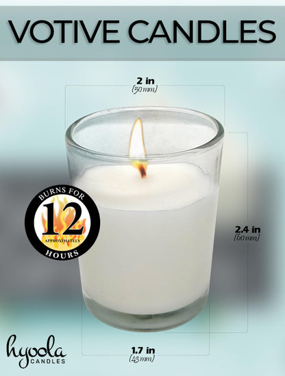 Hyoola White Votive Candles in Glass - Pack of 12 Votive Candle - 12 Hour Burn Time - Unscented Votive Candles - European Made Glass Votives