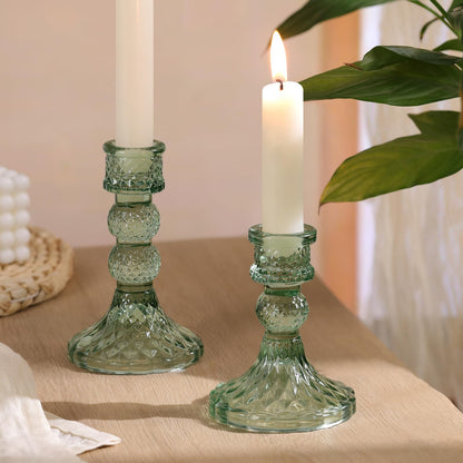 DARJEN Green Glass Candlestick Holders Set of 6, 4" H & 5" H Taper Candle Holders for Candlesticks & Pillar Candles, Diamond Candle Holders for Wedding Party Table Centerpiece, Home Decor