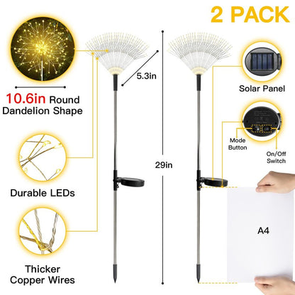 suddus Solar Garden Lights Outdoor Waterproof Decorative, 2Pack 150LED Firework Lights, Solar Fairy Lights for Yard, Garden, Party, Patio, Pathway, Flowerbed - Warm White