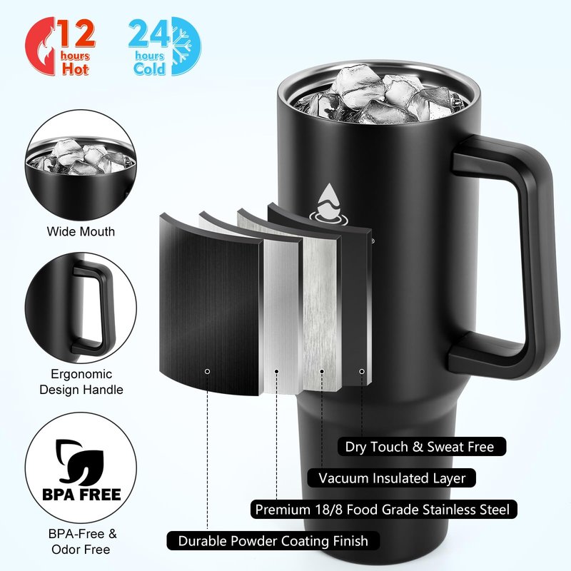 40 oz Tumbler with Handle and Straw or Convert to 40 oz Insulated Water Bottle Fits in Cup Holder. Stainless Steel Metal Water Flask with 2 Lids for Travel,Camping,Gym Sports Coffee Mug Thermal Cup