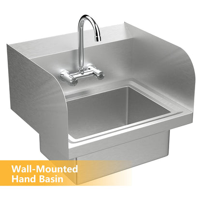 VINGLI Commercial Hand Wash Sink Stainless Steel Bar/Prep with Side Splash Guard, Wall Mount Utility Sink with Faucet, Heavy Duty Washing Basin for Restaurant, Home Kitchen 17W x 15D x 14H