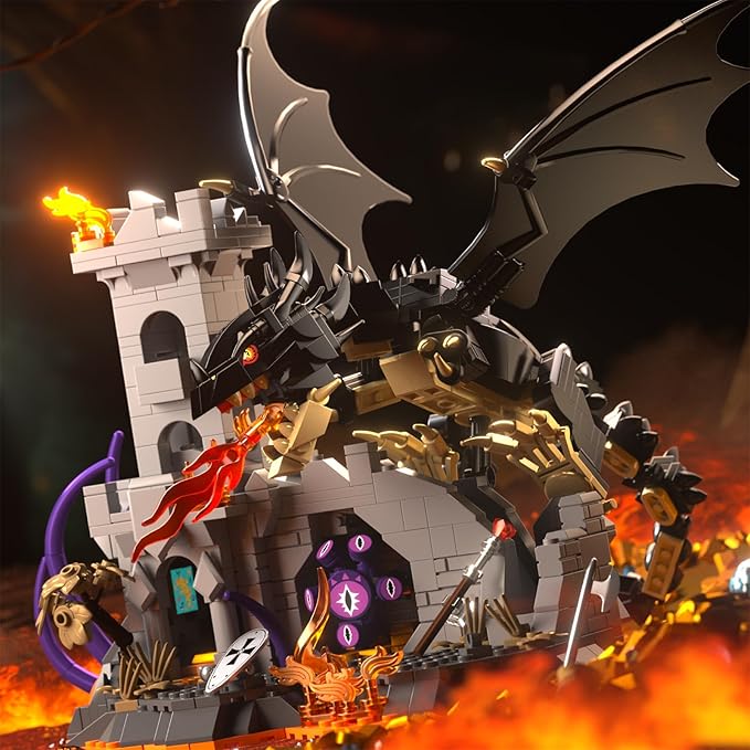 Dragon Building Set with Dice Tower 919 PCS Flaming Medieval Castle Building Blocks Set Fantasy Model Kit Home Decor Birthday Gift for Adults Teens Kids Boys 8+
