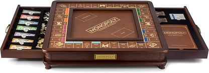 Monopoly Luxury Edition by WS Game Company Burl Wood Cabinet with Gold Foil Stamped Game Board Faux Leather Rolling Area and 2 Storage Drawers Premium Board Games for 2-6 Players