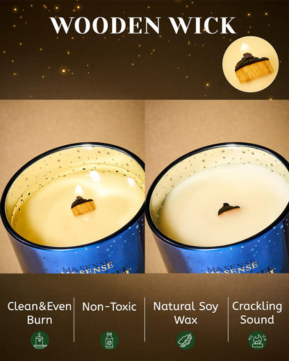 M&SENSE Sandalwood Lily Scented Winter Candle Natural Soy Wax 18oz 100 Hours Clean Non Toxic Burn, Cracking Wooden Wick Large Gift for Holiday Family Friends