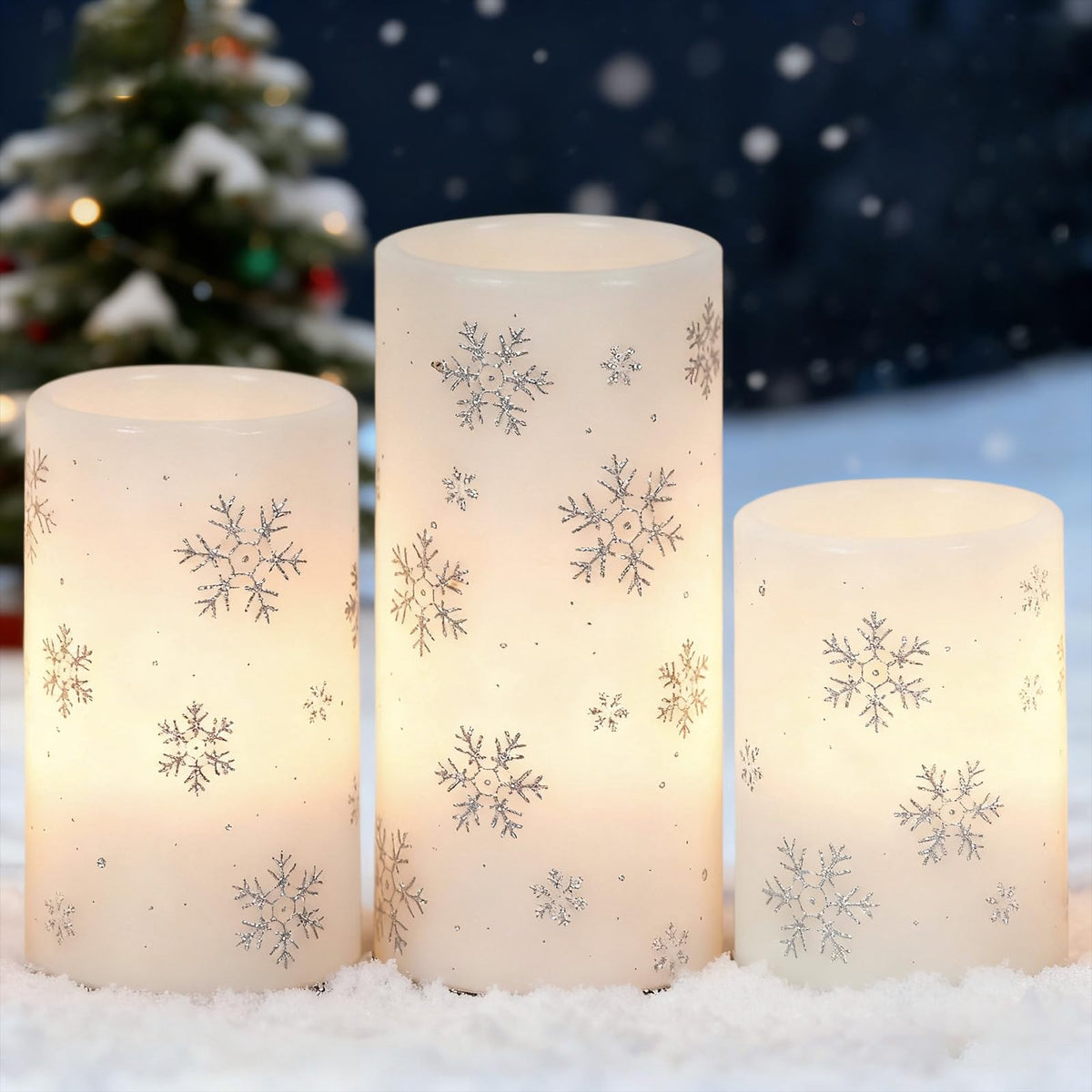 Lasumora Snowflake Christmas Candles with 6H Timer, Battery Operated Candles, Real Wax Flameless LED Candle Pillar for Home Décor Christmas Decorations Gifts, 3x4/5/6 inches