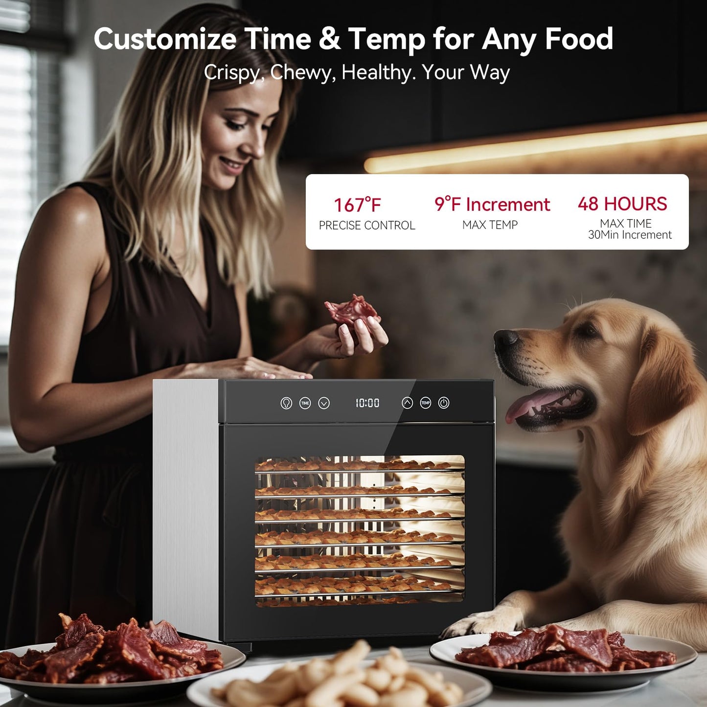 Food Dehydrator 650W, 8 Stainless Steel Tray Dehydrating Machine with Digital Timer & Temp Control (95℉-167℉), Quiet Powerful Jerky Dryer for Beef, Fruits, Herbs, Dog Treats, Veggies