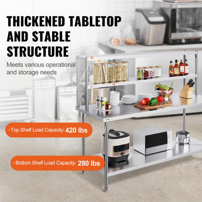 VEVOR Double Tier Stainless Steel Overshelf, 12 x 72 Inch Double Deck Height Adjustable Prep Work Table for Kitchen, Restaurant and Workshop