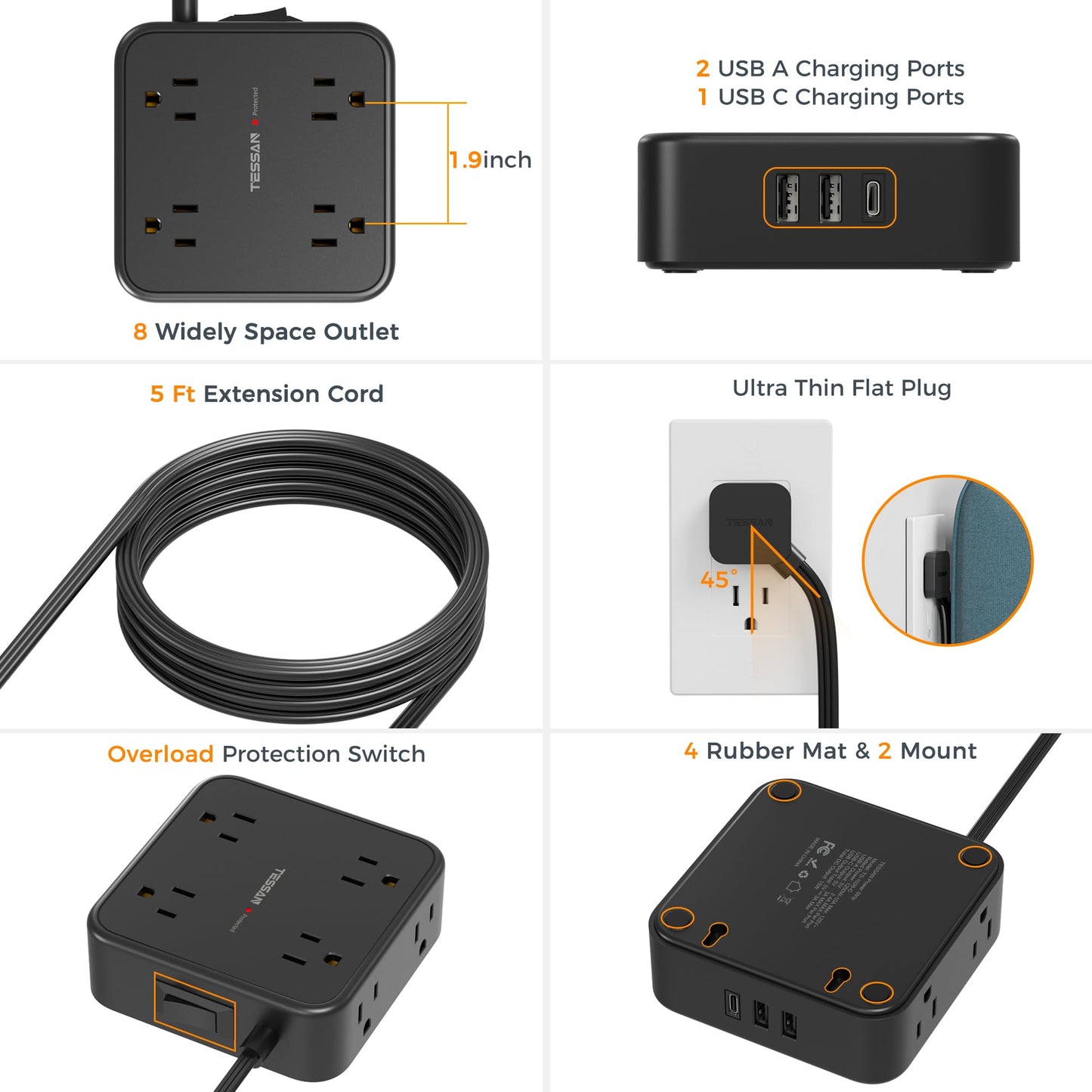 TESSAN Surge Protector Power Strip, 5 Ft Flat Plug Extension Cord with 3 USB (1 USB C) 8 Outlets, 900J Surge Protection, 3 Sided Outlet Extender with Power Switch for Office, Dorm Room Essentials