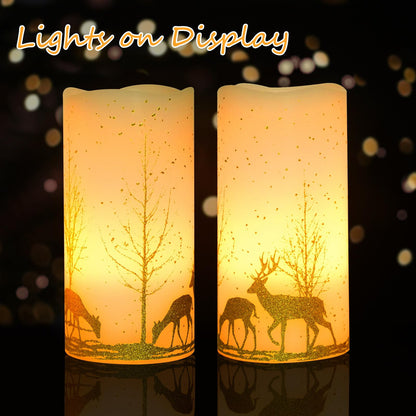 2Pack Christmas LED Flickering Flameless Candles, Battery Operated Wax Candles with Timer Remote, Flameless Pillar Candles with Forest Deer Decal for Home Decorations Christmas Gifts [Gold, 3"X6"]