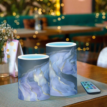 ALAZA Flickering Flameless Candles Blue Purple Horse Battery Operated Candles with Remote Timer LED Pillar Votive Candles Set of 2 for Holiday Decor