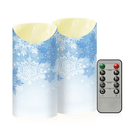 Christmas Flameless Candles Set of 2 Blue Snowflakes Realistic LED Candles with Remote Battery Operated Holiday Decorations