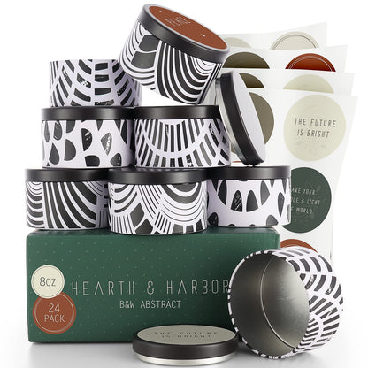 Hearth & Harbor Tin Candle Jars for Making Candles - DIY Candle Containers with Lids - Metal Candle Jars - Bulk Tins Storage for Candle - (24 Pieces) - (8 Ounces) - Black and White Abstract