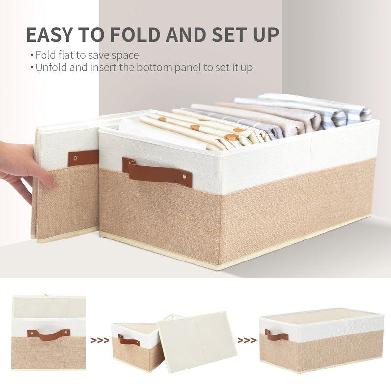 Closet Organizer Bins 3 Pack, Large Storage Bins for Shelves, Foldable Closet Storage Boxes Baskets with Leather Handles for Organizing Clothes, Sheets, Jeans, Toys, Books（Begie）