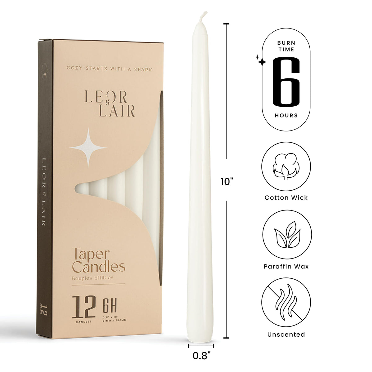 Leor & Lair White Taper Candles - 12 Pack 10" White Candlesticks - Unscented Long Burning Candle Sticks for Home Decoration, Holidays, Weddings, Religious, Restaurants & Events