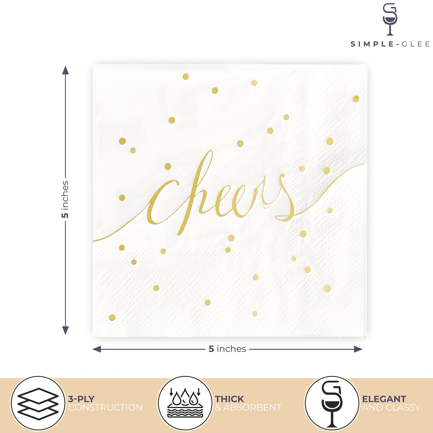 White and Gold Cocktail Napkins - Pack of 100 Disposable Bar Napkins - Wedding Baby Shower Birthday Graduation Dessert - 3 Ply - By Simple-Glee