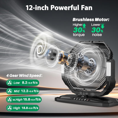 12" 20L Large Misting Fan Portable, 30000mAh Outdoor Oscillating Mist Fans for Outside Patios Cooling Fan, with Telescopic Handle & Rolling Wheel, LED Light, Timer, for Camping/Beach Summer Essentials
