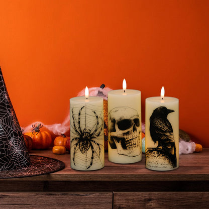 Lasumora Halloween Decorations Flameless Candles with Remote Timer - Skull, Spider Web, Crow Raven Decals Set of 3, Battery Operated Halloween Decor Indoor LED Candle Horror Gothic Punk Real Wax