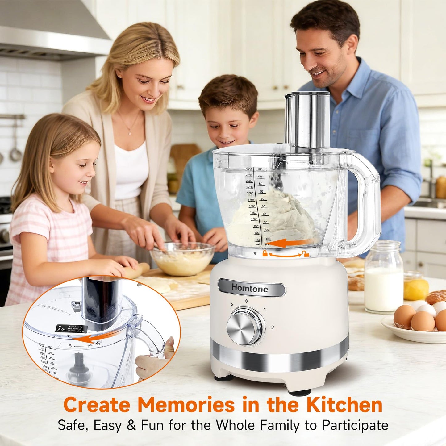 Homtone 16 Cup Food Processor Large, 9-in-1 Vegetable Chopper with 7 Blades for Shredding, Slicing, French Fry Cutting, Meat Grinding, Dough Kneading & Emulsifying, 3 Speeds, Dishwasher Safe, White