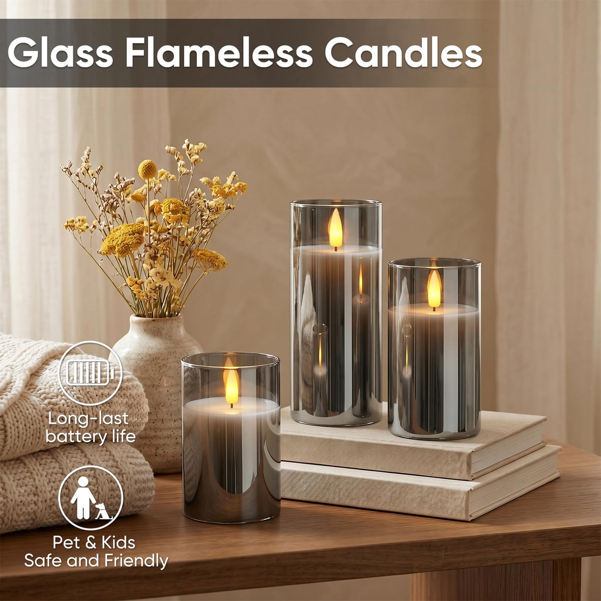 5plots Glass Battery Operated Grey Flameless Candles with Remote Timer, 3D Wick Real Wax Pillar Led Candles Warm Flickering Light for Indoor Home, Halloween, Christmas Decor D3 x H4 5" 6"