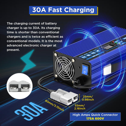 Forklift Battery Charger 24V 30A Smart 24 Volt Charger 900W Fully-Auto LCD Display Pallet Jack Battery Charger 7 Protections Trickle Charger for 24V Electric Pallet Jack & Forklift & Floor Scrubber