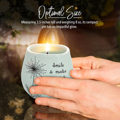 Pavilion Gift Company - 8 Oz Candle Holder - Green Ceramic Candle Jar with 100% Soy Wax Candle Serenity Scent "Smile And Make A Wish, Happy 50th" Ideal Gift for Loved Ones - Printed Text, Love Theme