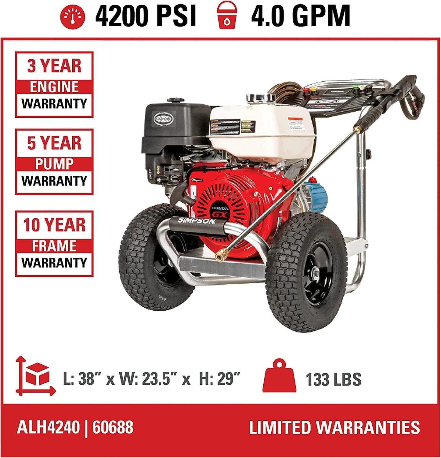 Simpson 4200 PSI Gas Pressure Washer, 4.0 GPM Commercial Power Washer, Cold Water, Honda GX390 Engine, 50' Hose, Aluminum Series, 49-State Compliant (ALH4240)
