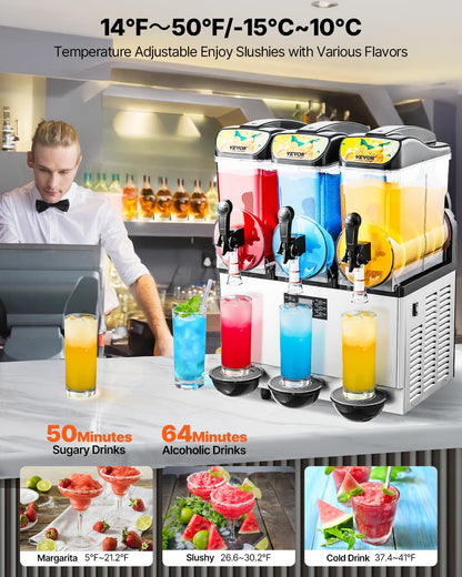 VEVOR Commercial Slushy Machine, 15Lx3 Triple Tank Margarita Machine, 180 Cups Stainless Steel Margarita Smoothie Frozen Drink Machine, Slushie Machine for Party Restaurants Cafe Bars