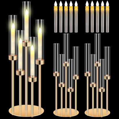 Tandefio 2 Set Gold Candelabra Centerpieces for Tables, 26.8 Inch 5 Arm Candle Holders with LED Candles and Acrylic Cylinders, Tall Acrylic Wedding Table Centerpieces for Reception Dinner Party Decor
