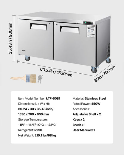 VEVOR 60" W Commercial Freezer, 14.8 Cu.Ft Worktop Freezers Undercounter with LED Auto Lighting and Lockable Door, 2 Doors Food Freezing Prep Worktable, Stainless Steel Prep Frozen Table with Casters