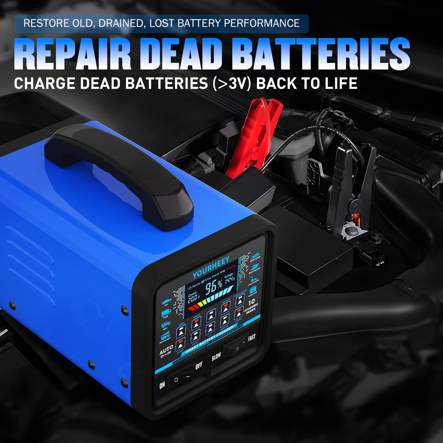 2026 Upgraded 12V/24V 0-20A Heavy Duty Battery Charger/Maintainer with Auto Shutoff, Repair & Winter Mode, 10 Modes & Color Screen for Car, Truck, Motorcycle, RV, Boat, Lawn Mower, Deep Cycle Chargers