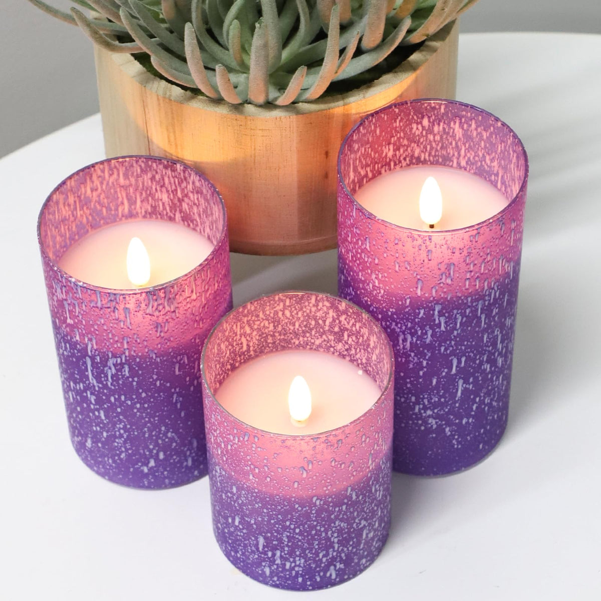 HJANDHJ Purple Flameless Candles with Remote, Flickering Battery Operated Candles with Timer, Set of 3 LED Pillar Candles for Outdoor Indoor Wedding Home Party Decor