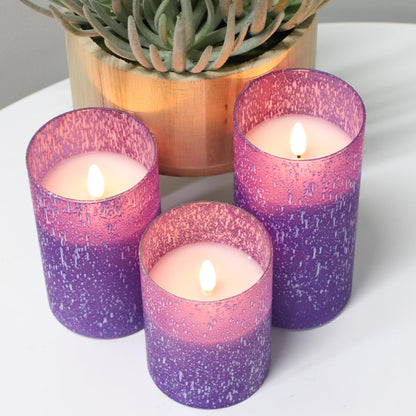 HJANDHJ Purple Flameless Candles with Remote, Flickering Battery Operated Candles with Timer, Set of 3 LED Pillar Candles for Outdoor Indoor Wedding Home Party Decor